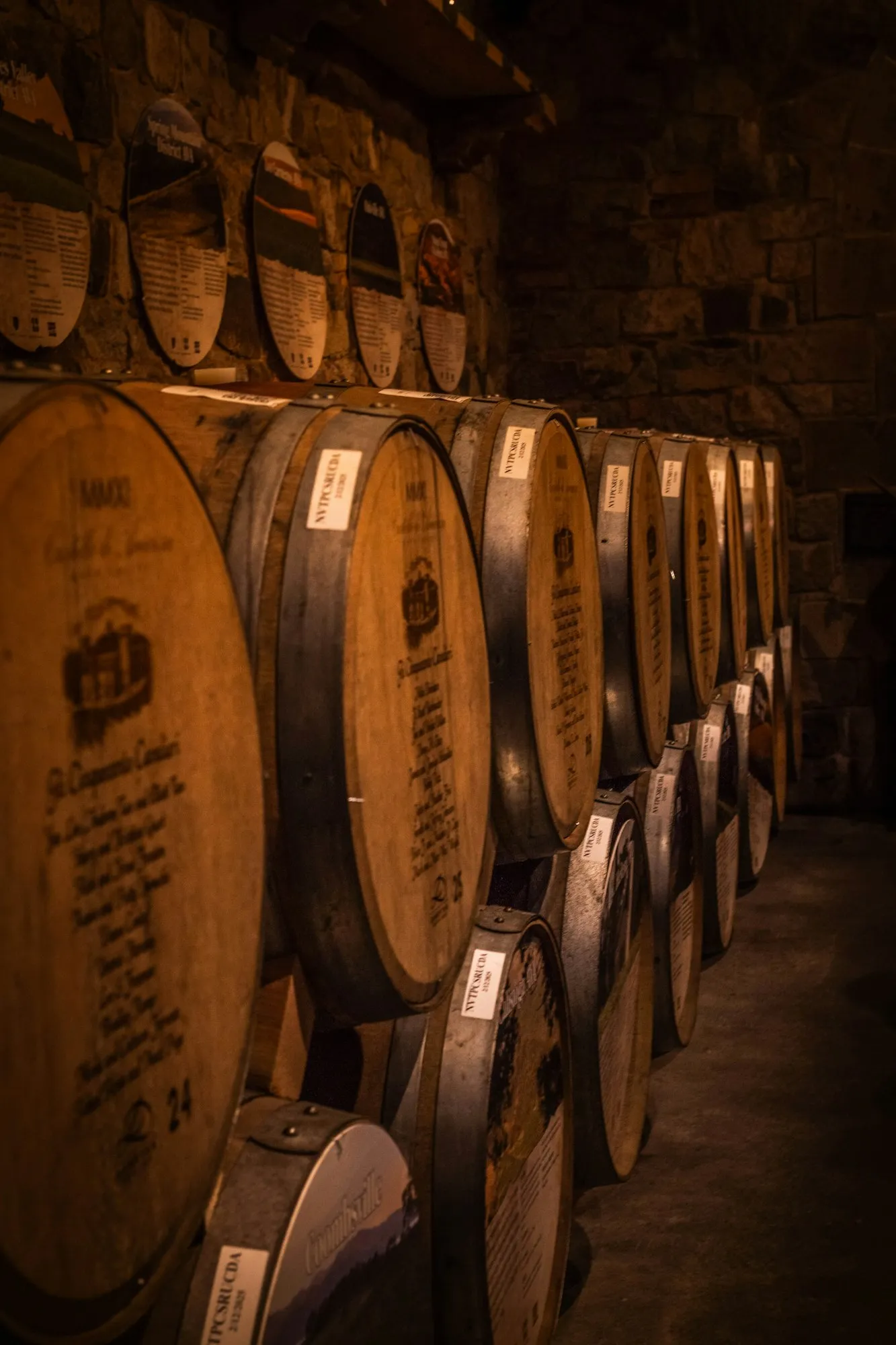 Botti di legno in una cantina di pietra
